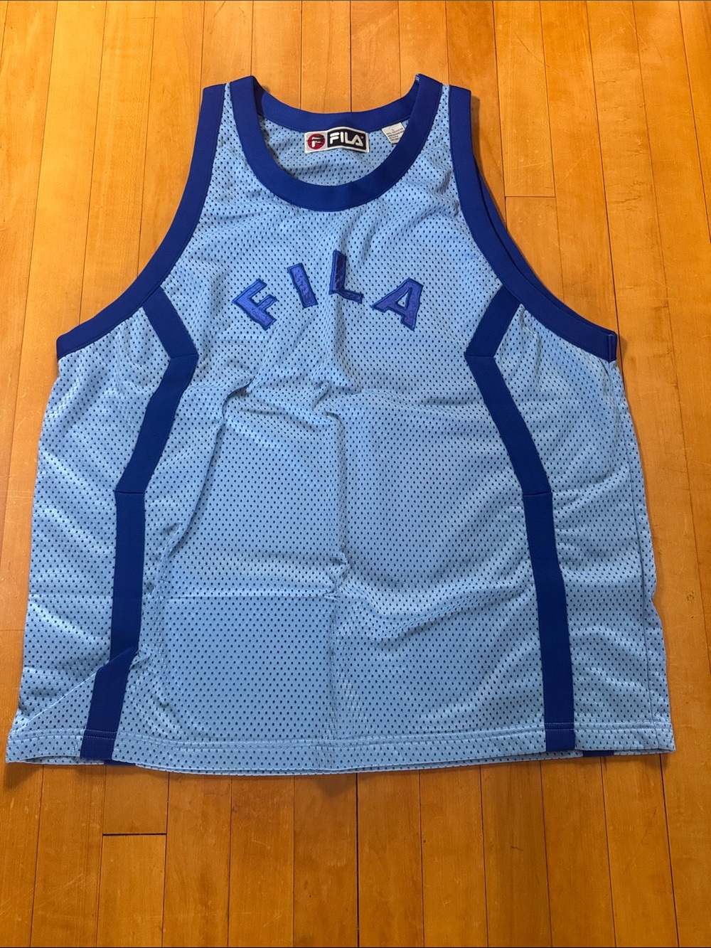 FILA vintage 90s hiphop Light Blue Mesh logo Tank top Royal Blue Trim men’s L